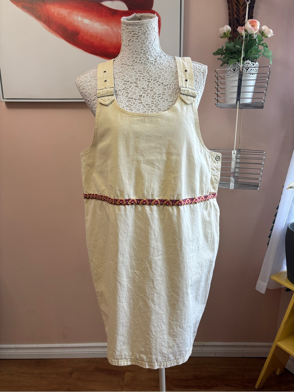 Vintage Cream Mini Pinafore Dress with Embroidered Waistband